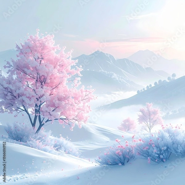 Fototapeta 桜×雪景色のパステル春風景（ピンクの桜と白い雪原）