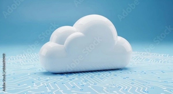 Obraz A 3D rendered white cloud computing icon on a blue circuit board pattern representing cloud technology, data storage and digital network system services.