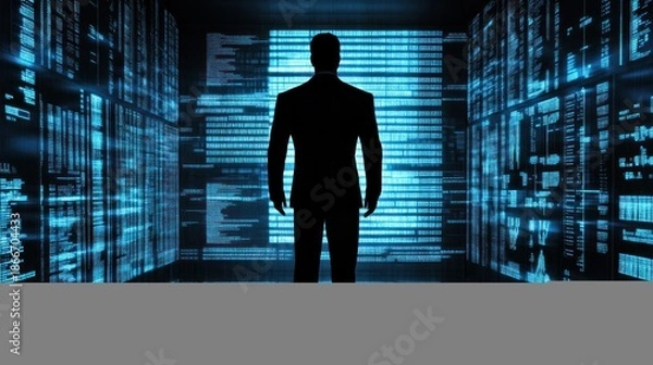Obraz Businessman facing digital data wall, analyzing information, future tech