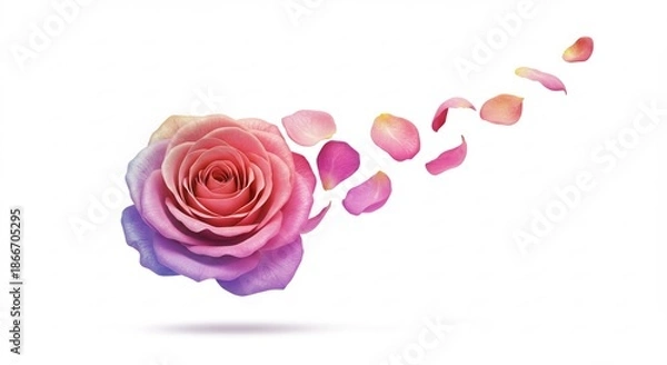 Fototapeta 鮮やかなピンクと優雅な紫が溶け合うグラデーションが美しいバラ 純粋な白背景に浮かび上がり 軽やかに宙を舞い散る花びらが紡ぎ出す儚くも幻想的な生命の輝き. AI Generated