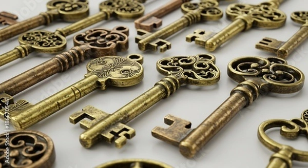 Fototapeta 柔らかな光に包まれた真鍮製のアンティークキーが白い背景に美しく散らばる。それぞれの鍵が持つ古き良き時代の物語が静かに輝く魅惑的な集合写真。. AI Generated