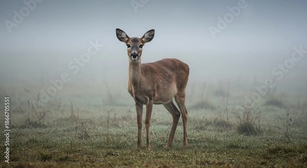 Fototapeta 深く立ち込める霧に包まれた広大な草原で静かに佇む一頭の若い鹿 柔らかな朝の光が神秘的な雰囲気を醸し出し野生の生命力を感じさせる. AI Generated