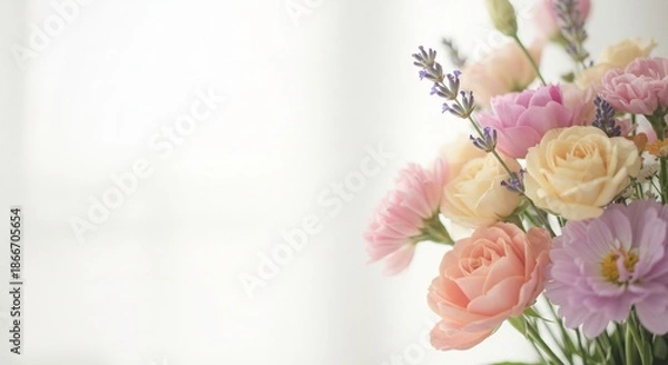 Fototapeta 柔らかな自然光が花びらを優しく包み込むような美しいパステルカラーの花束 心を落ち着かせ優雅で穏やかな雰囲気を醸し出す 明るく開放的な背景は広々としたコピースペースを提供. AI Generated