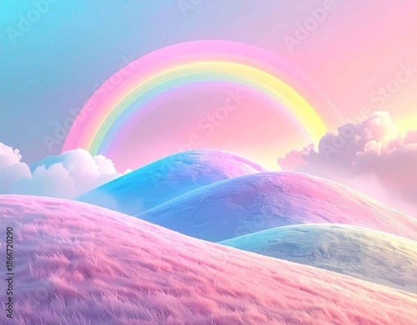 Fototapeta パステルカラーの丘にかかるやさしい虹が幻想的なメルヘンファンタジー風景。希望や未来、ポジティブな感情を表現。癒し系背景や明るいイメージ素材として幅広く活用可能。