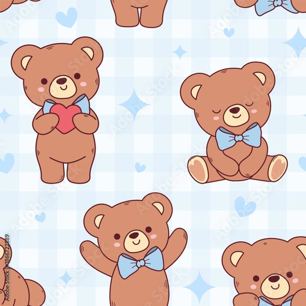 Obraz Cute teddy bears seamless pattern on blue plaid seamless pattern 
