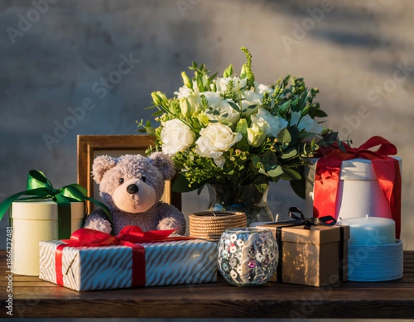 Obraz Stack of gift boxes on table illustration.