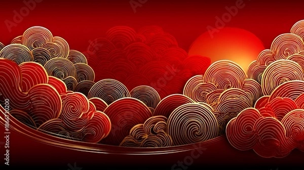 Obraz Red and Gold Circular Pattern Abstract Background with Sunset Effect