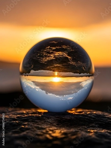 Obraz A Crystal Ball Reflecting a Sunset Over the Ocean reflection