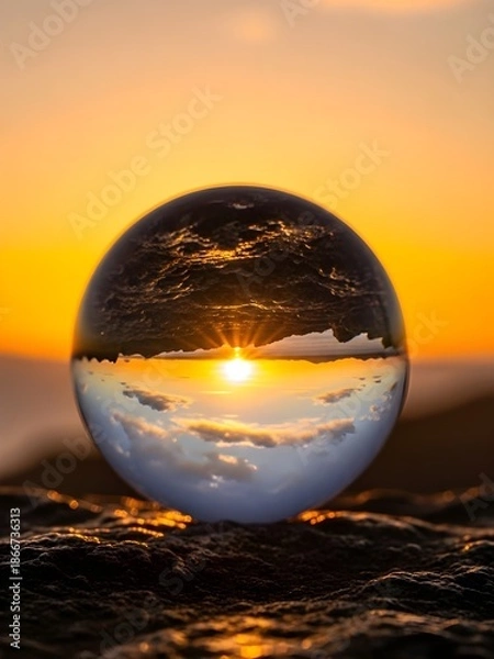 Obraz Crystal Ball Reflecting Sunset Over Clouds and Ocean reflection