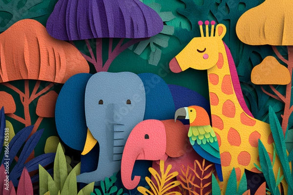 Obraz ジャングルの象とキリンとオウムの切り絵風ペーパーアート
