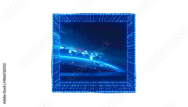 Obraz A digital cube frames Earth's curvature, data grid border glows blue