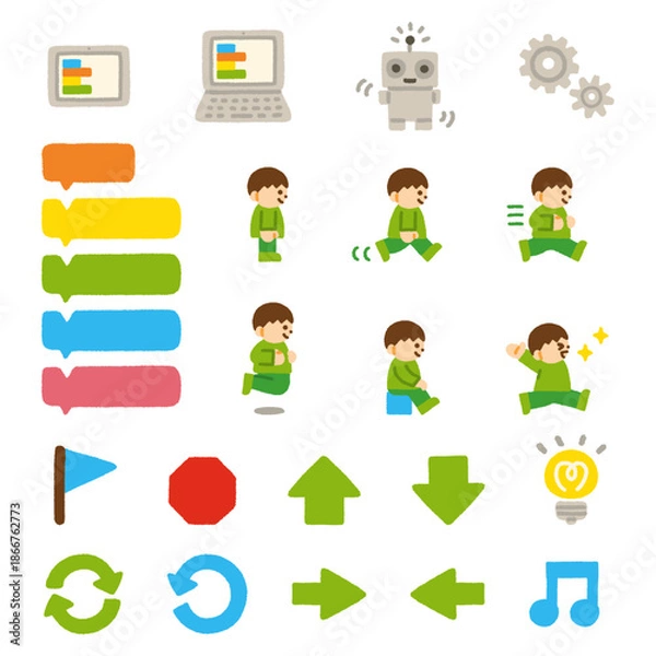 Obraz プログラミング アイコン 子供 セット 手描き パステル イラスト