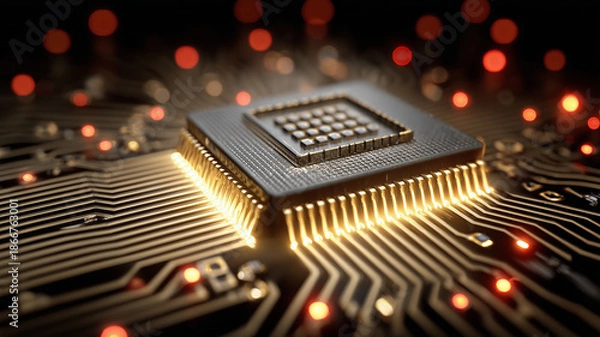 Obraz Advanced computer processor mounted on a circuit board illustrating high performance computing, artificial intelligence and modern technology infrastructure.
