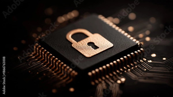 Obraz A secure padlock embedded in a computer chip illustrating cybersecurity, data protection and digital security concept.

