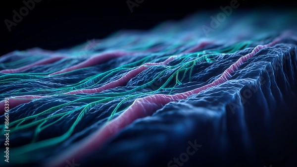 Obraz A layered digital terrain with flowing lines representing neural networks data processing and artificial intelligence systems.
