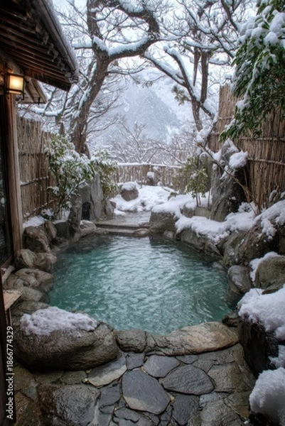 Obraz 雪の積もった露天風呂