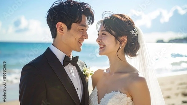 Obraz 結婚式場 浜辺 新郎新婦 笑顔 2人 日本人 16:9サイズ 背景素材 AI生成素材