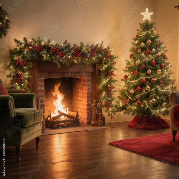 Obraz fireplace with christmas decorations