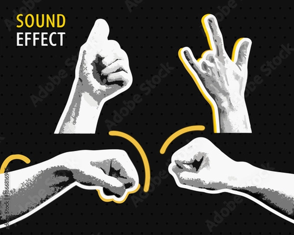 Obraz Hands forming sound effect gestures with graphic elements and bold typography