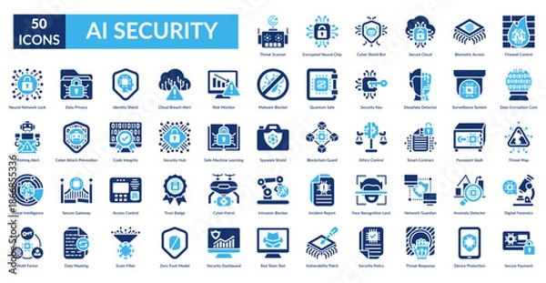 Obraz Ai Security Fill Icon Set. Threat Scanner, Encrypted Neural Chip, Cyber Shield Bot, Secure Cloud, Biometric Access, Firewall Control, Data Encryption Core