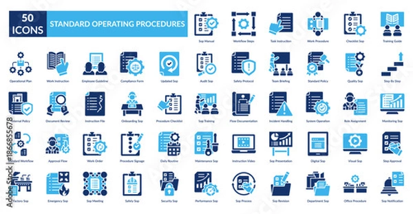 Obraz Sop Fill Icon Set.  Sop Manual, Workflow Steps, Task Instruction, Work Procedure, Checklist , Training Guide, Step By Step