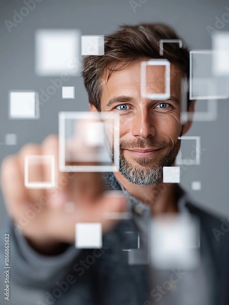 Obraz Man Interacting with Virtual Squares Tech Scene - Modern Digital Interface Innovation Operation Scene
