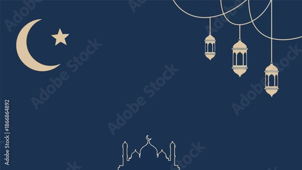 Fototapeta Ramadan vector background with crescent moon, mosque outline, and hanging lanterns