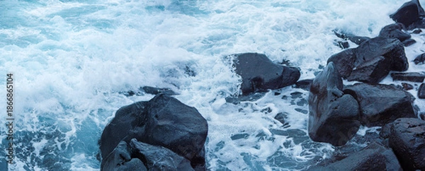 Obraz 한국, 제주도, 삼양 해안도로, 현무암, 바위, 바다, 파도, 포말, 거칠다, 파노라마