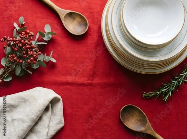 Obraz Festive Holiday Table Setting Flat Lay