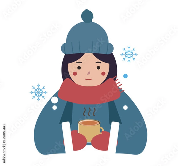 Obraz 冬の休日にカフェでホットコーヒーを飲む女性。ホットドリンクを飲む。カフェラテを飲む。ベクターイラスト