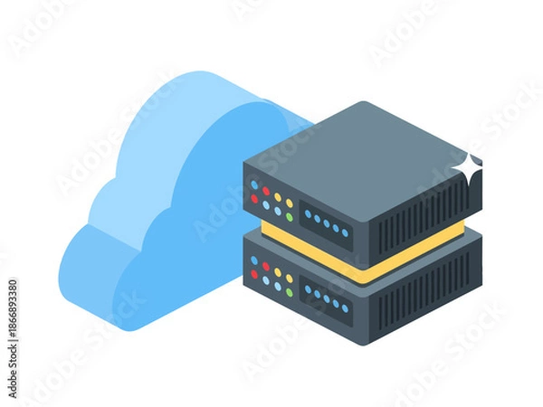 Obraz Modern 3D isometric illustration of a server stack with a blue cloud, representing cloud computing, web hosting services, and secure digital data storage