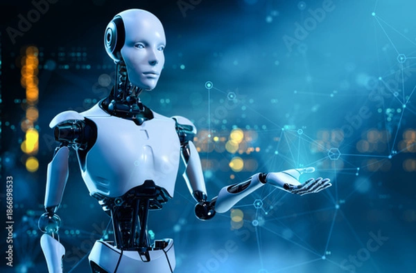 Obraz Futuristic Robot Hand Gesturing and Presenting Empty Space on Digital Background