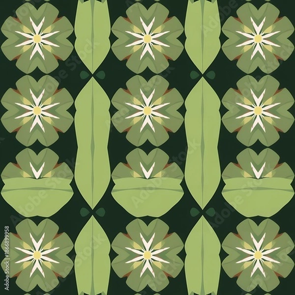 Obraz Stylized green floral pattern with repeating symmetrical elements on a dark background