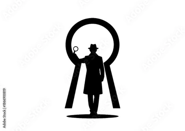 Obraz 鍵穴の前に立つ探偵のシルエットで調査・分析・ミステリーのコンセプトイメージ