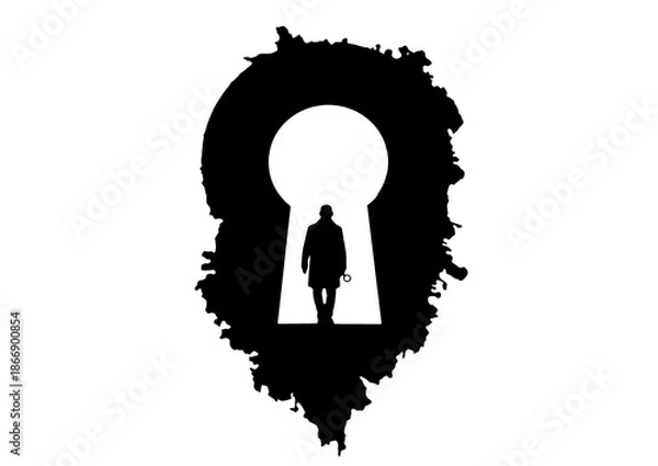 Obraz 鍵穴の前に立つ探偵のシルエットで調査・分析・ミステリーのコンセプトイメージ