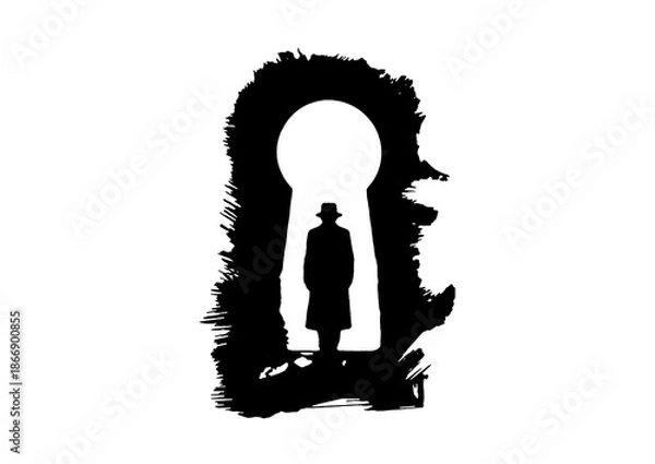 Obraz 鍵穴の前に立つ探偵のシルエットで調査・分析・ミステリーのコンセプトイメージ