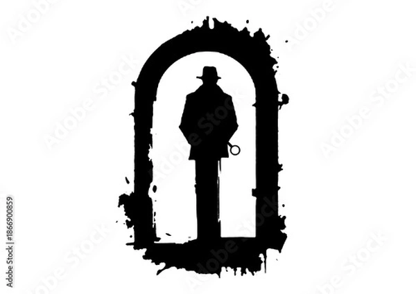 Obraz 鍵穴の前に立つ探偵のシルエットで調査・分析・ミステリーのコンセプトイメージ