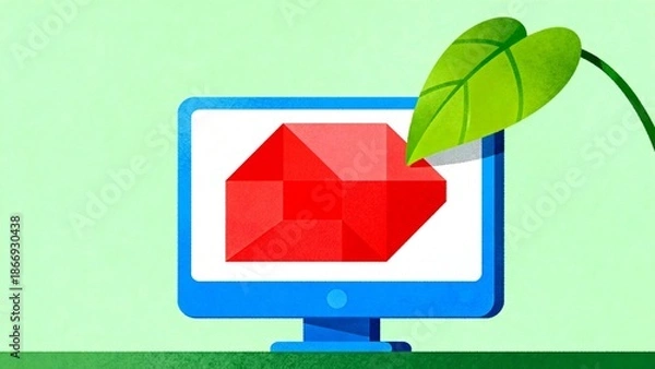 Fototapeta Computer with leaf and red shape