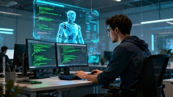 Fototapeta Programmer working on robot code