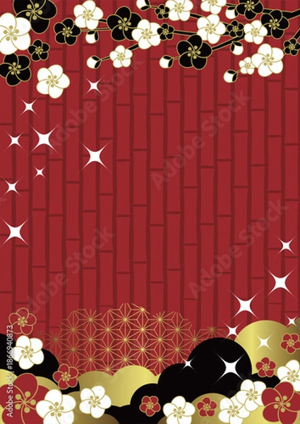 Obraz 和風背景イラスト、かわいい、シンプル、梅、竹、赤、キラキラ、縦
