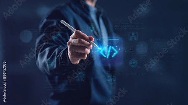 Fototapeta Programmer explaining coding and software development concept using a digital pen with futuristic interface on technology background. Suitable for IT solutions, programming education, system design.