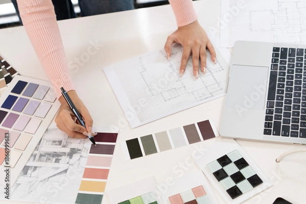 Obraz Creative web designer planning UI application and developing digital template