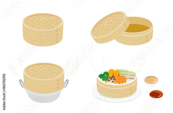 Obraz せいろと蒸し料理のイラストセット