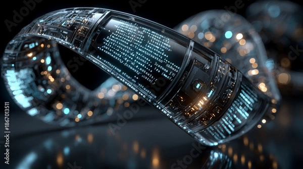 Obraz 3D rendering abstract code in the virtual space. The computer code is bent in the form of a tape