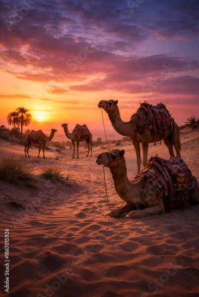 Obraz desert camels at dusk