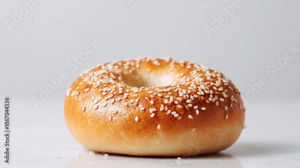 Fototapeta 白を基調とした明るい背景に置かれたたっぷりの白ごまが香ばしい焼き立てのセサミベーグル