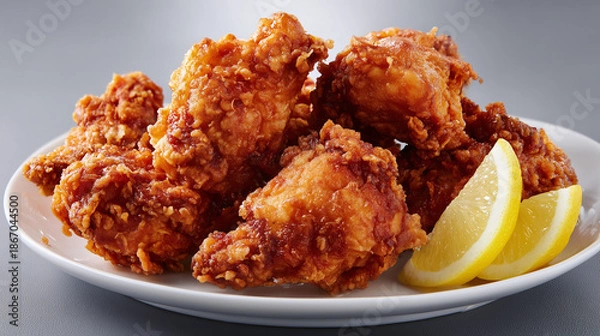 Fototapeta 揚げたてで衣がサクサクしたジューシーな鶏の唐揚げとレモンを添えた白皿盛り
