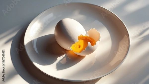 Obraz Cracked egg with vibrant yolk on white plate — AI generated