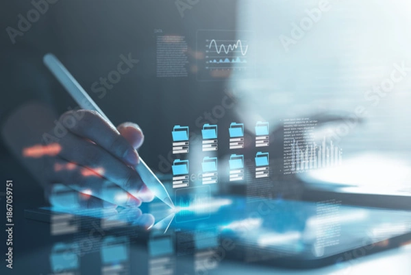 Obraz Digital data flow visualization on tablet, showing cloud analytics, database integration, and real-time information processing to support business intelligence, innovation, and cloud computing.