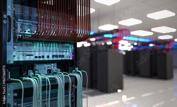 Obraz Server Room Network Infrastructure, data center, server rack, network cables.3D rendering.